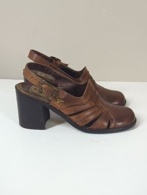 Joe Sanchez Brown Leather Slingback Heels Closed Toe Chunky Heels 6
